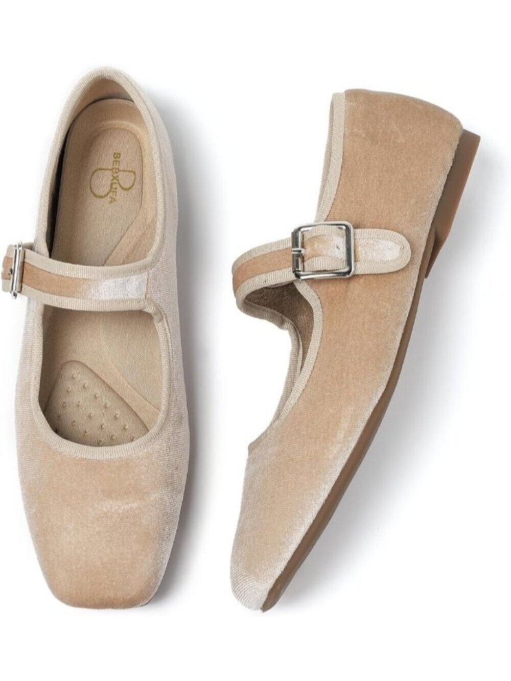 Women's Beige Mary Jane Square Toe Ballet Flat With Adjustable Strap Shoes